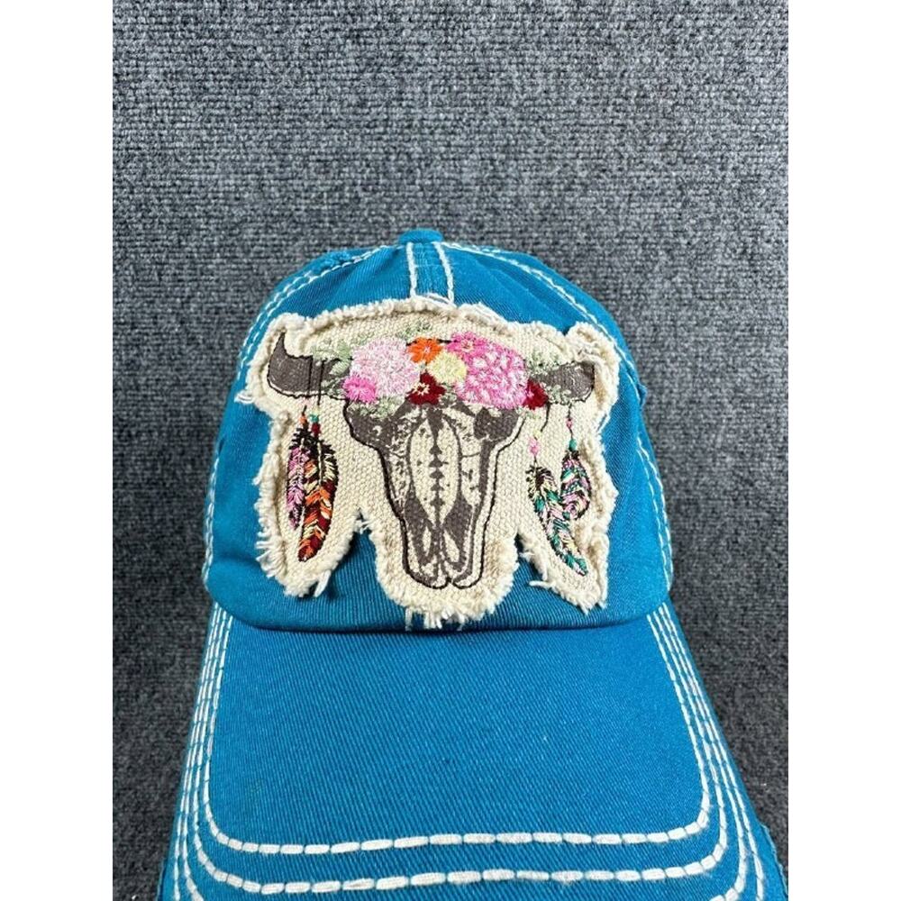 Vintage Kbethos Blue Cap Bull Skull Floral Embroidery Adjustable Hat - Picture 2 of 12
